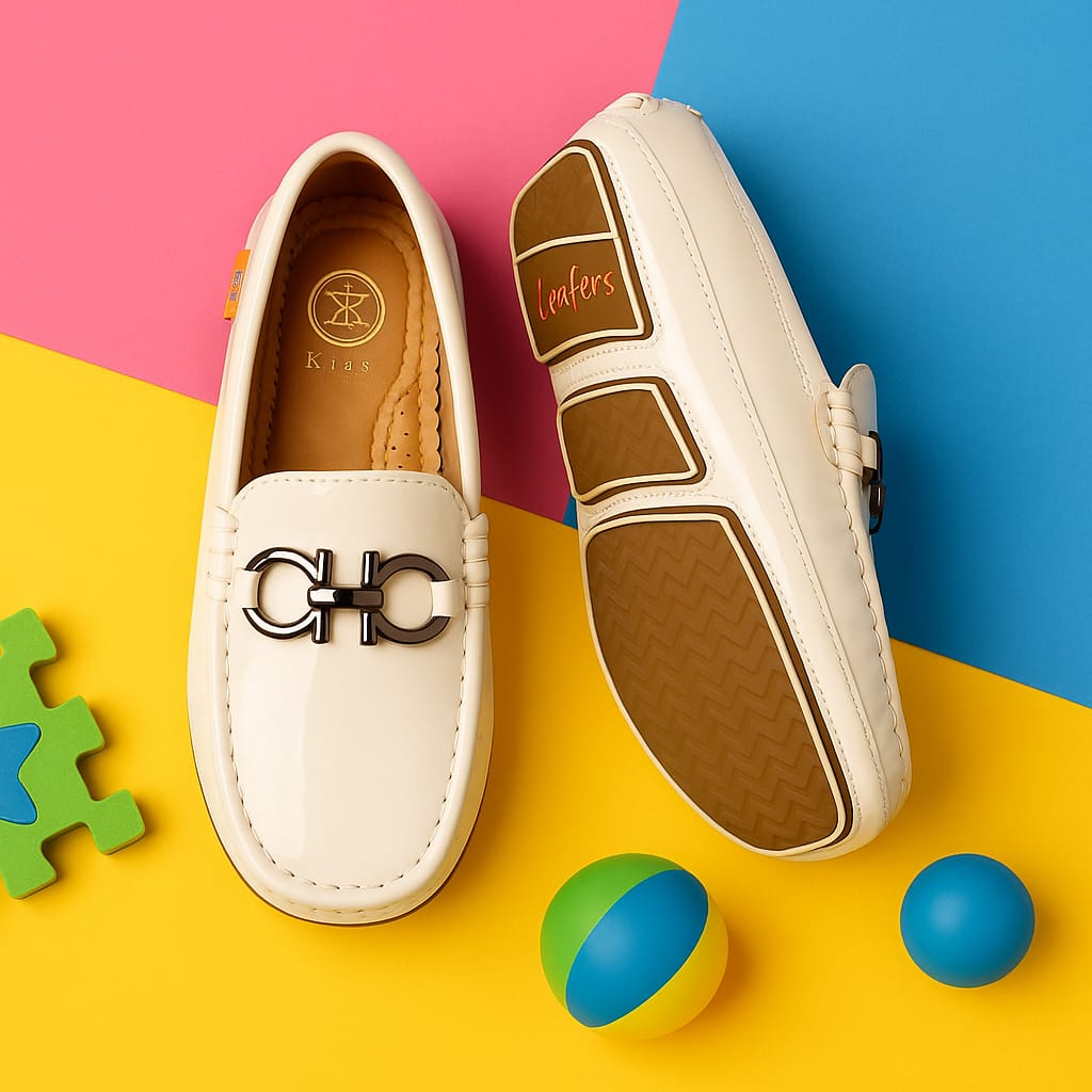 Kids’ White Patent Leather Loafers with Metal Buckle Ornament (KL-014)