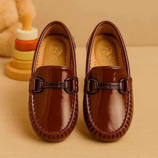 Kids’ Brown Patent Leather Loafers with Metal Horsebit Detail & Anti-Slip Sole(KL-016)