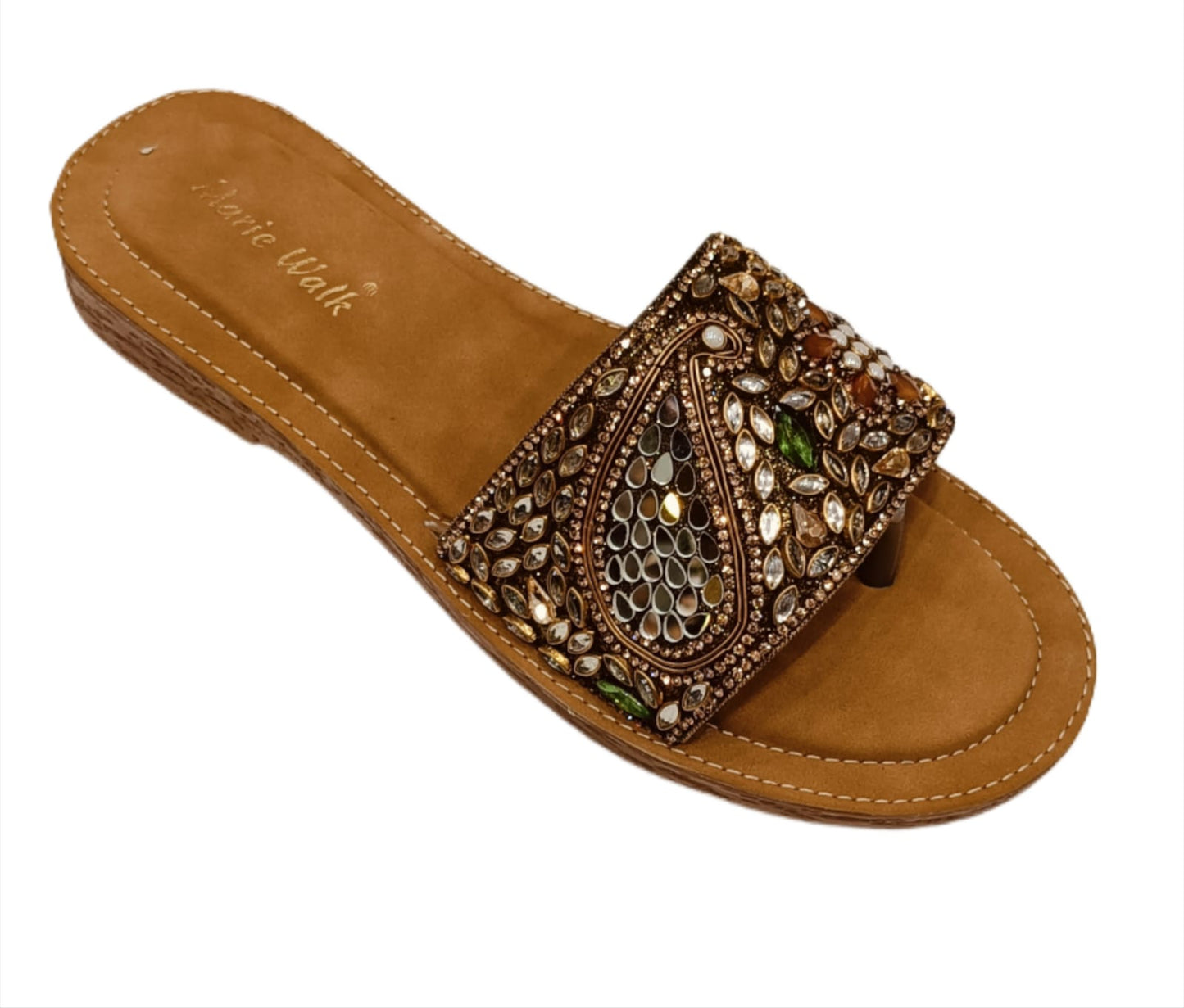 Marie Walk Women's Ethnic Embellished Toe-Ring Flats โ Pearl & Crystal Designer Slip-Ons (CRAP-15)