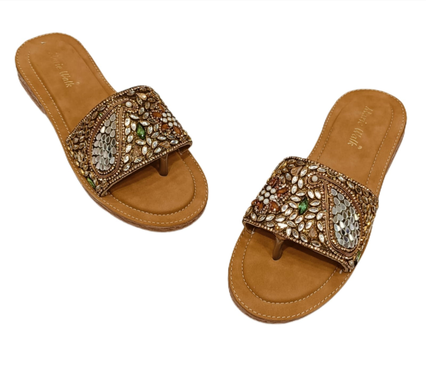 Marie Walk Women's Ethnic Embellished Toe-Ring Flats โ Pearl & Crystal Designer Slip-Ons (CRAP-15)