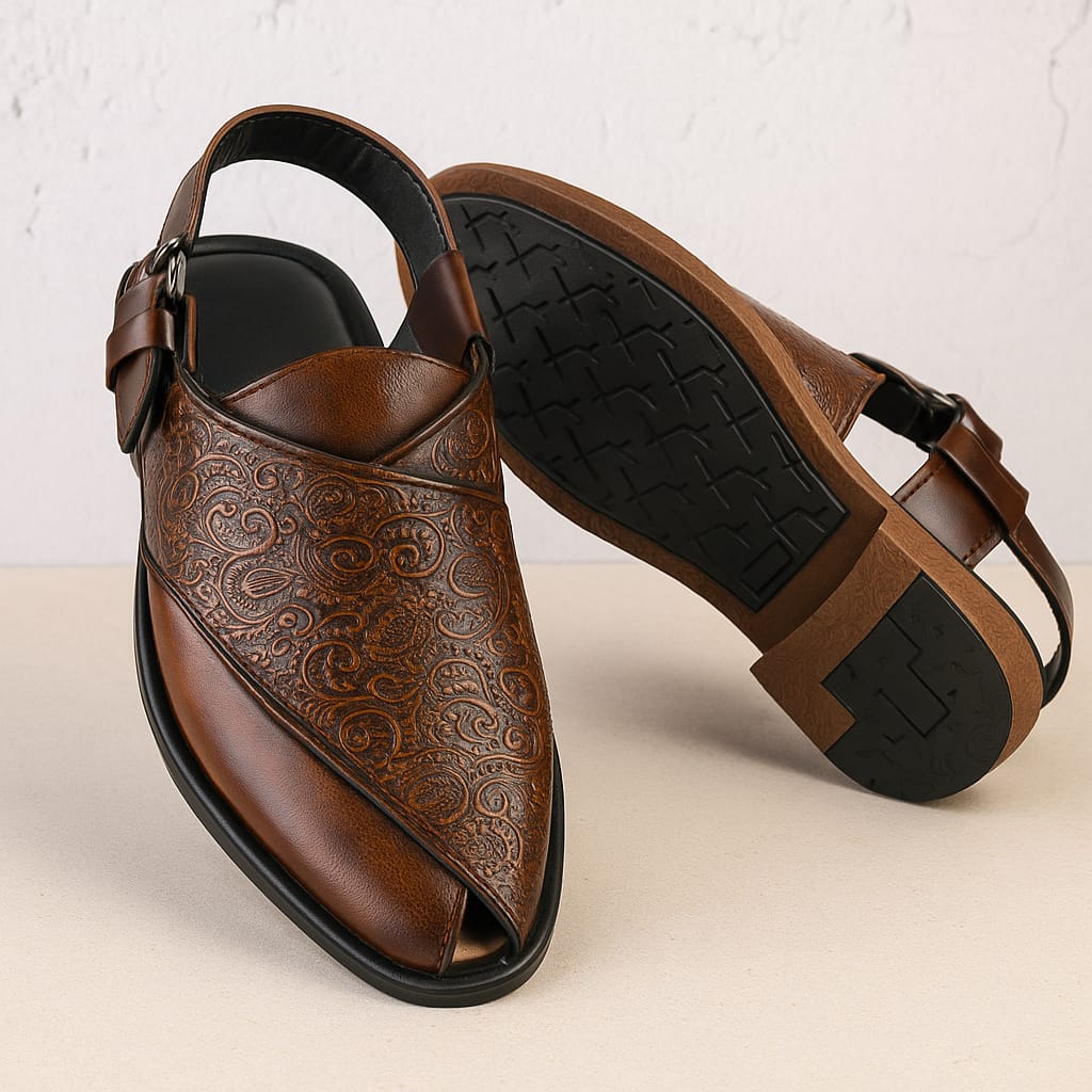 Men’s Traditional Peshawari Chappal – Premium Embossed Leather Sandals (BM-758)