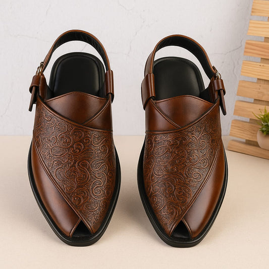 Men’s Traditional Peshawari Chappal – Premium Embossed Leather Sandals (BM-758)
