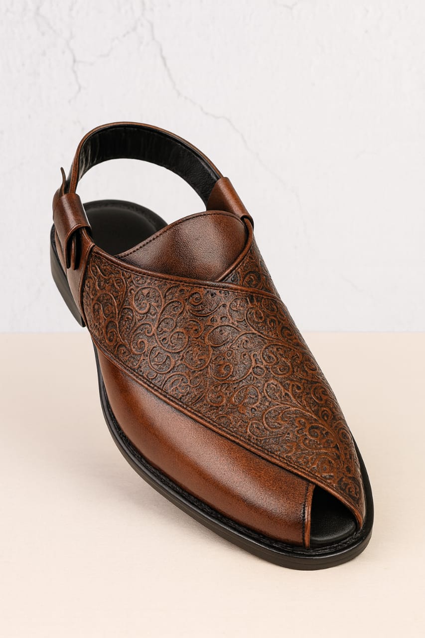 Men’s Traditional Peshawari Chappal – Premium Embossed Leather Sandals (BM-758)