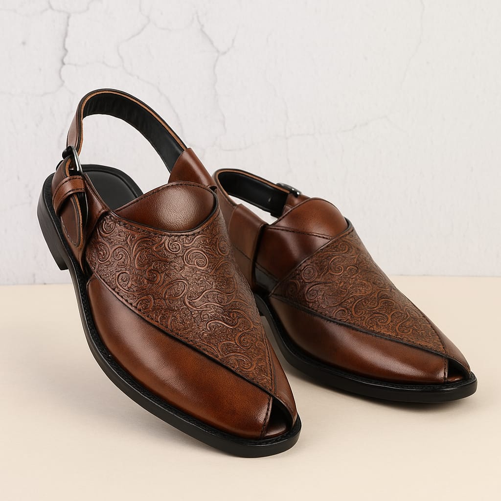 Men’s Traditional Peshawari Chappal – Premium Embossed Leather Sandals (BM-758)