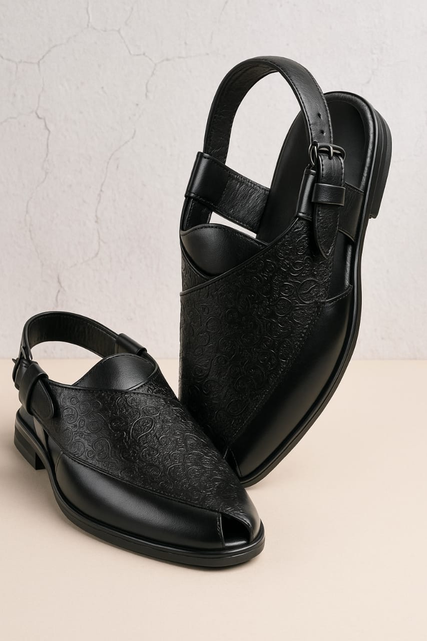 Men’s Traditional Peshawari Chappal – Premium Embossed Leather Sandals (BM-758)