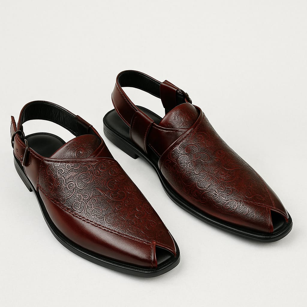 Men’s Traditional Peshawari Chappal – Premium Embossed Leather Sandals (BM-758)