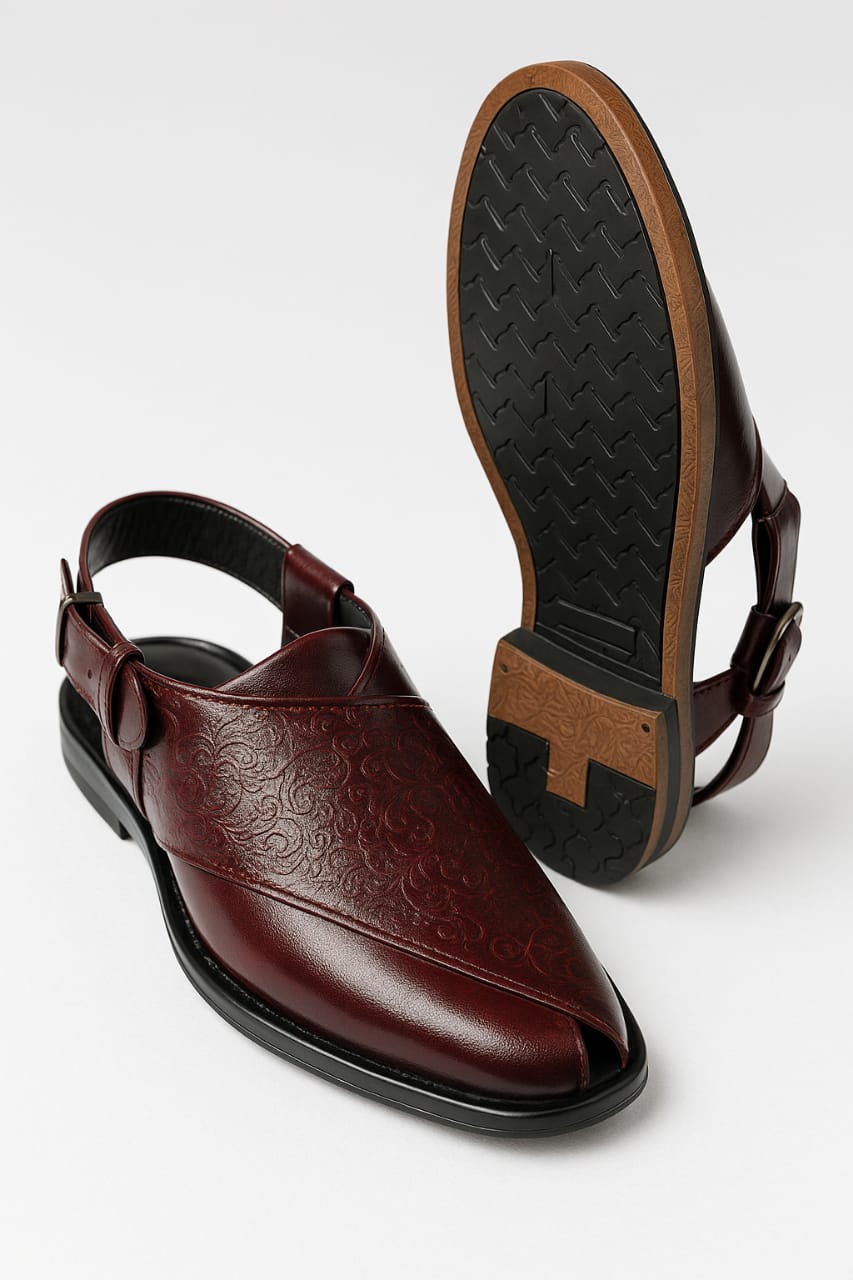 Men’s Traditional Peshawari Chappal – Premium Embossed Leather Sandals (BM-758)