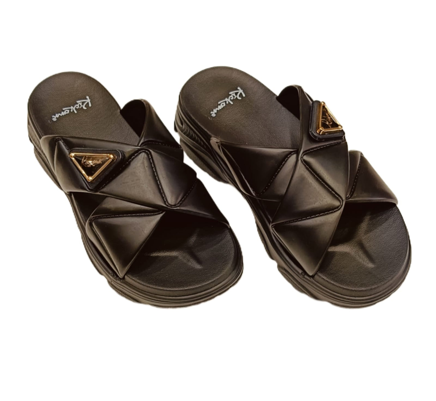 Women’s Cross-Strap Padded Sliders with Gold Emblem – Casual Comfort Sandals (KKN-002)