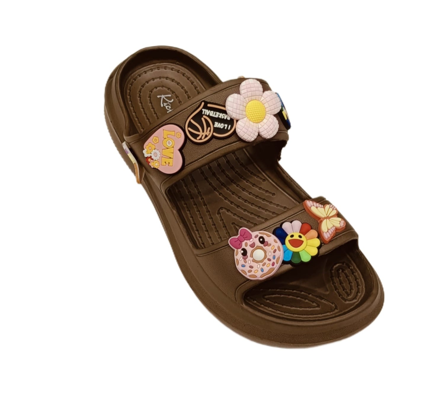 Women s’ Double Strap Sliders with Colorful Charms – Trendy Casual Sandals (KKN-004)
