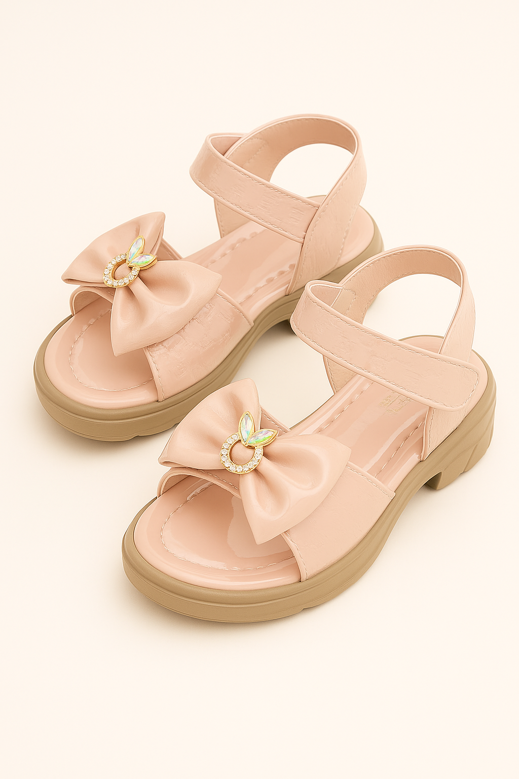 Blush Bow Sandals for Girls – Patent Finish with Printed Strap (KS-063)