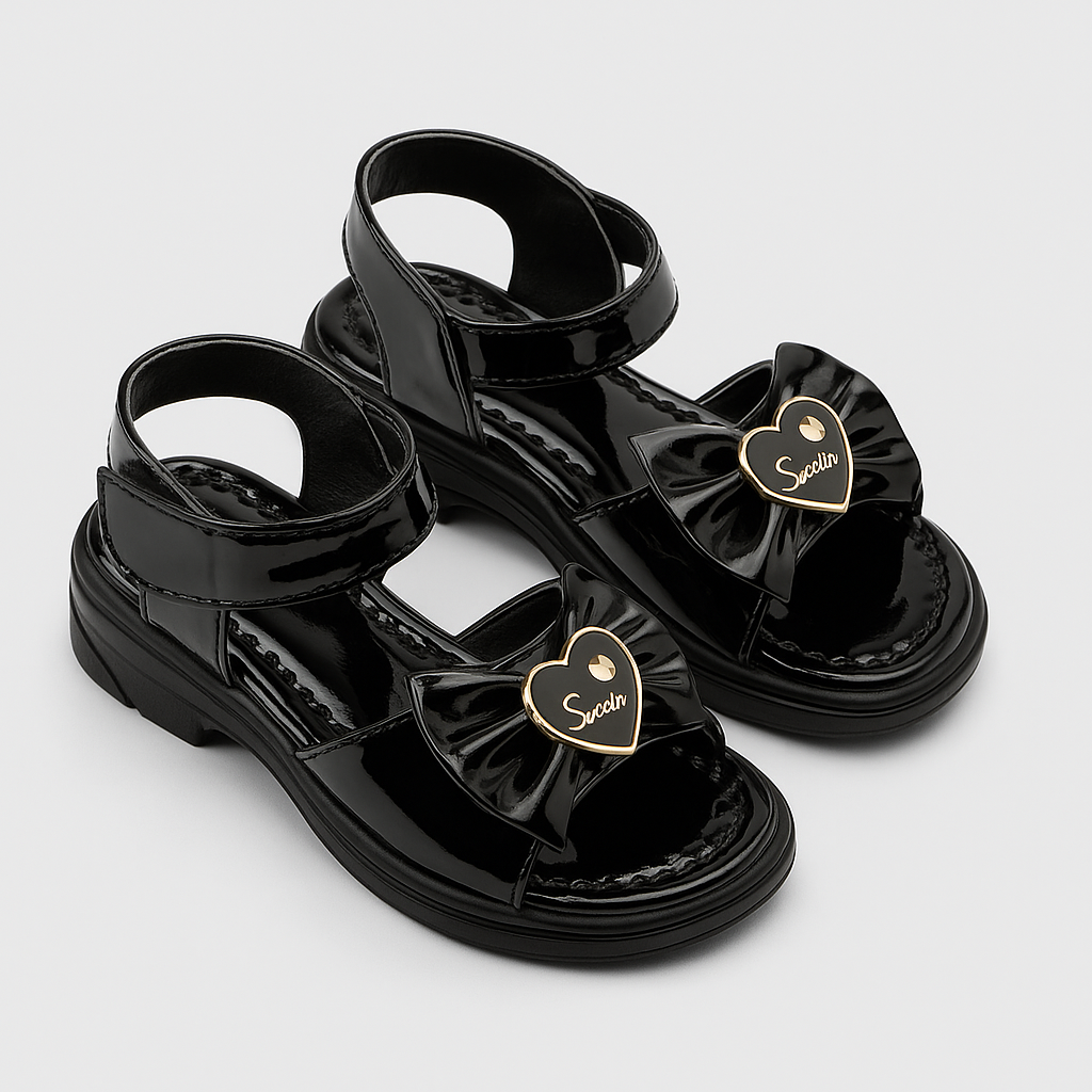 Girls’ Patent Glossy Bow Sandals with Heart Accent (KS-065)