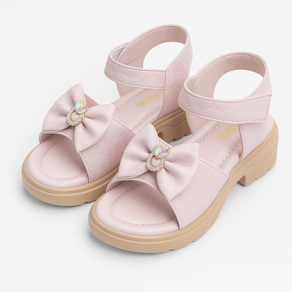 Blush Bow Sandals for Girls – Patent Finish with Printed Strap (KS-063)