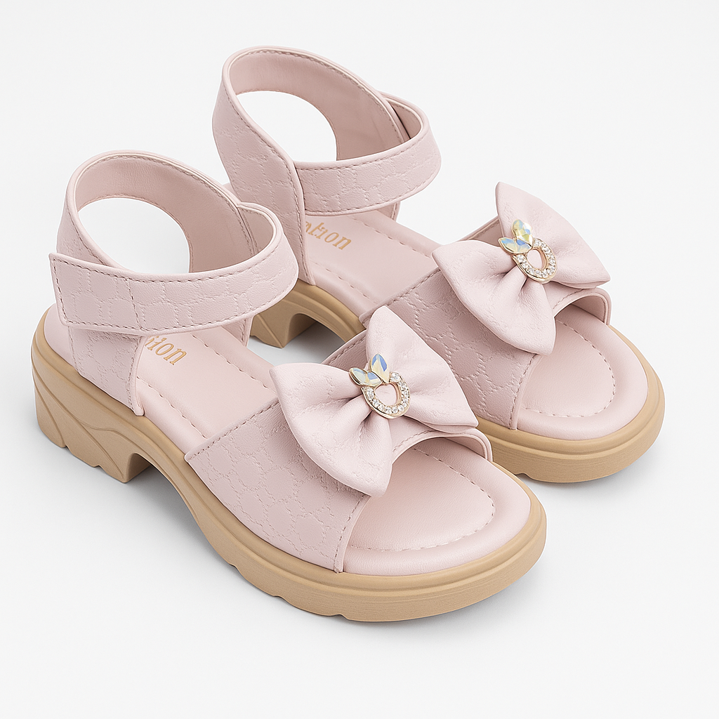 Blush Bow Sandals for Girls – Patent Finish with Printed Strap (KS-063)