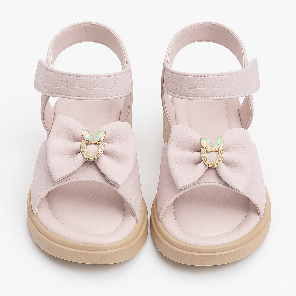 Blush Bow Sandals for Girls – Patent Finish with Printed Strap (KS-063)
