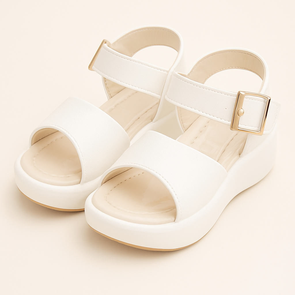 Elegant White Buckle Strap Sandals for Girls – Wedge Base Comfort Design (063/064)