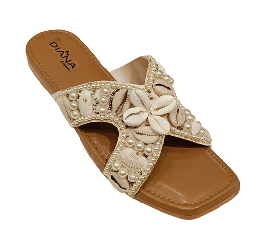 Women's Shell &amp; Pearl Embellished Cross-Strap Flats (LC-151)