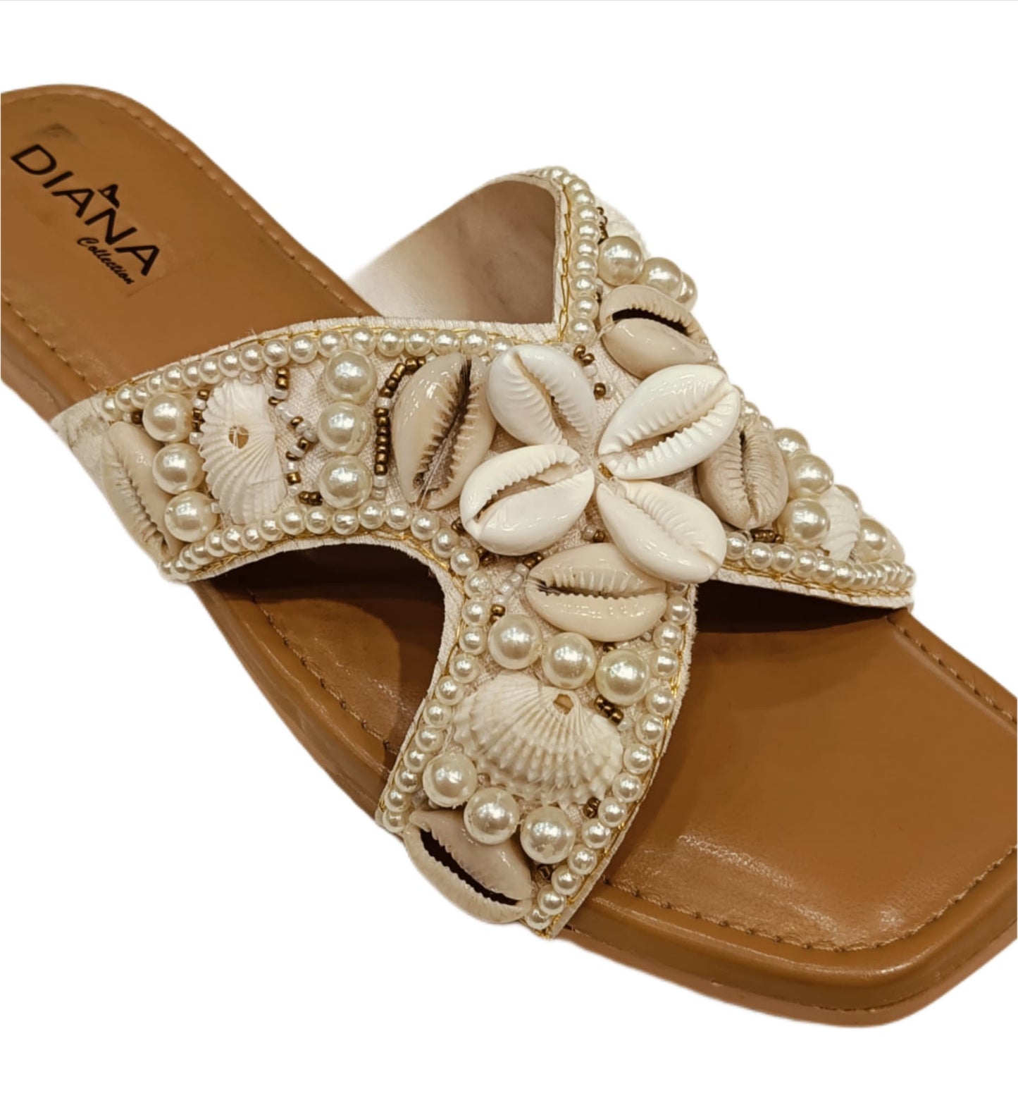 Women's Shell &amp; Pearl Embellished Cross-Strap Flats (LC-151)