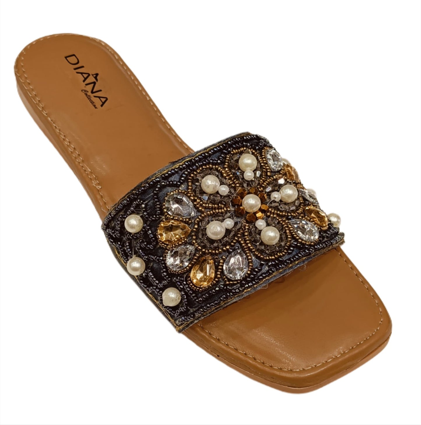Embellished Pearl & Stone Designer Slides for Women (LC-153)