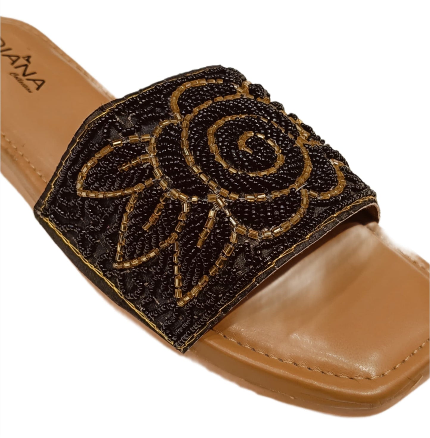 Embellished Black &amp; Gold Floral Beaded Slide Sandals for Women (LC-157)