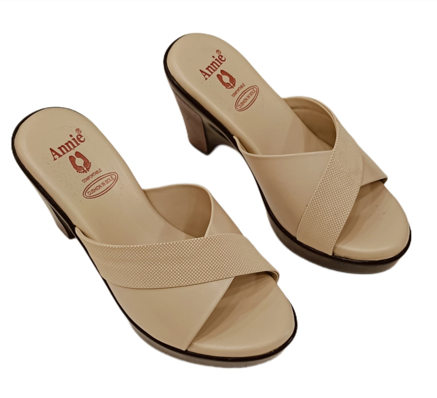 Annie Beige Textured Cross-Strap Block Heel (41034)