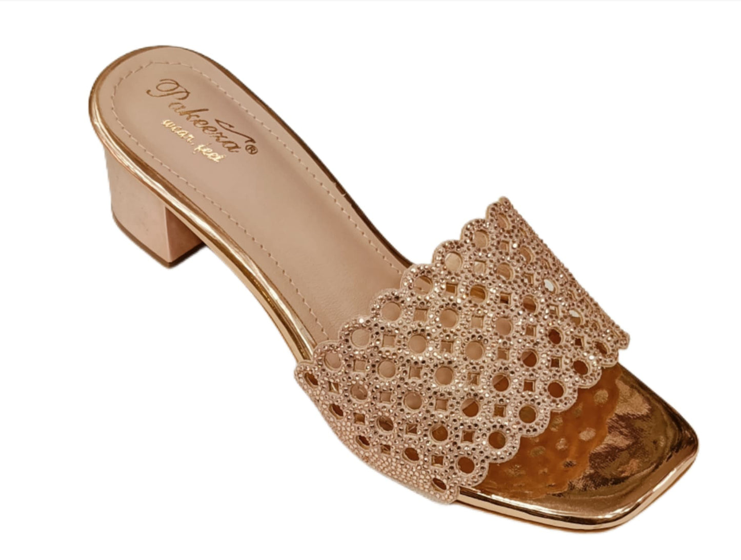 Pakeeza Women's Champagne Gold Embellished Block Heel Sandals – Festive & Party Wear (LC-187)