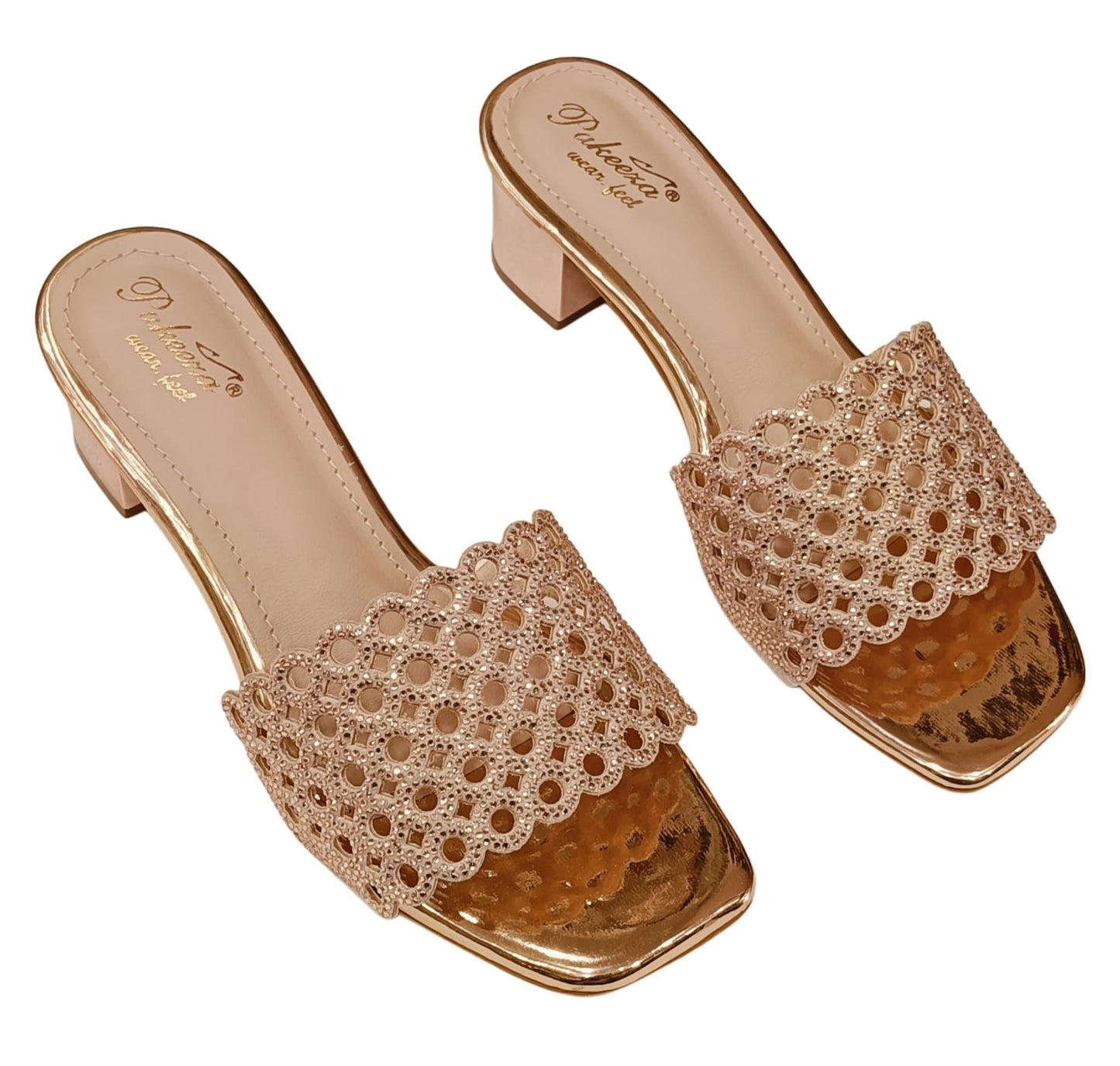 Pakeeza Women's Champagne Gold Embellished Block Heel Sandals – Festive & Party Wear (LC-187)