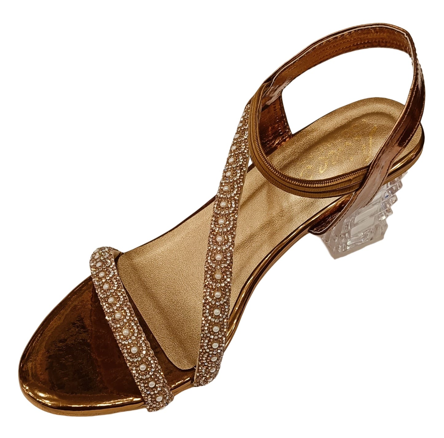 Elegant Pearl-Embellished Strappy Sandals with Transparent Block Heel (LS-075)