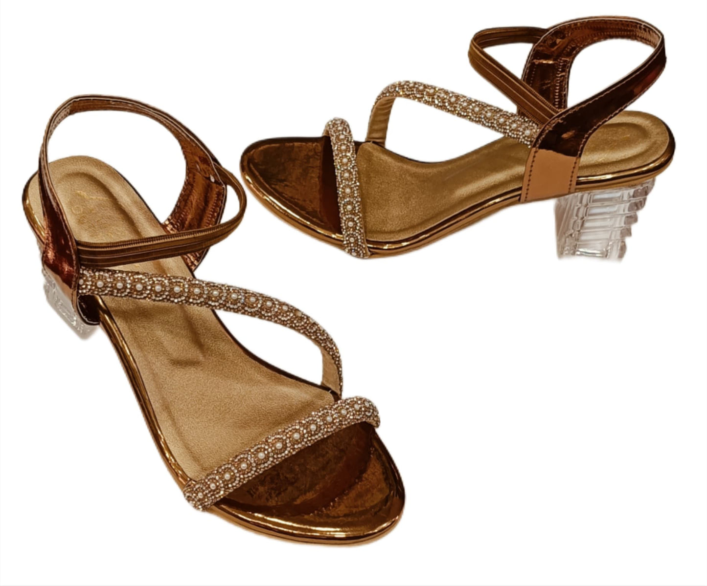 Elegant Pearl-Embellished Strappy Sandals with Transparent Block Heel (LS-075)