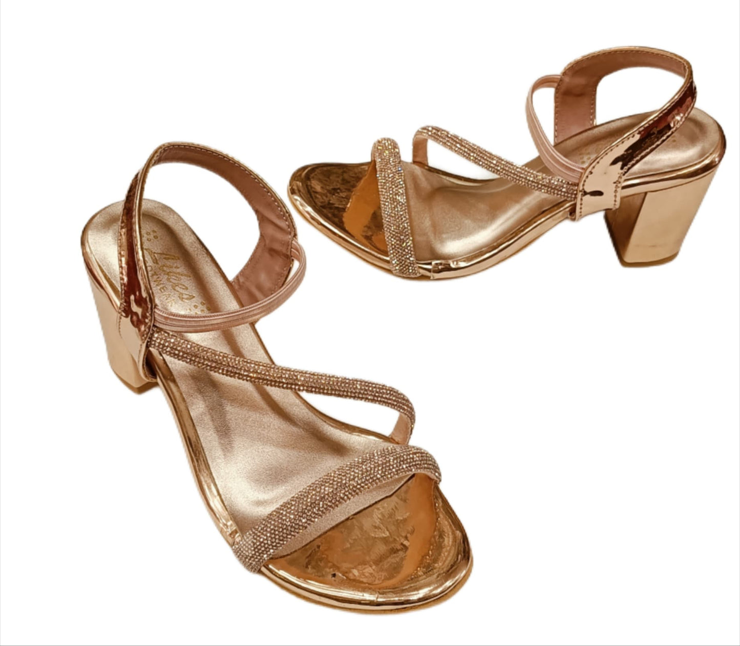 Golden Shimmer Strappy Block Heel Sandals for Women (LS-076)