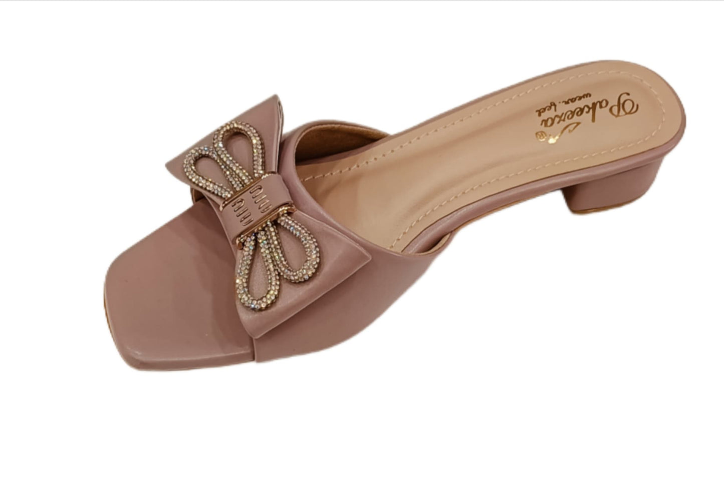 Bow Embellished Low Block Heel Mules – Dusty Pink &amp; Black (Pakeeza LC-186)
