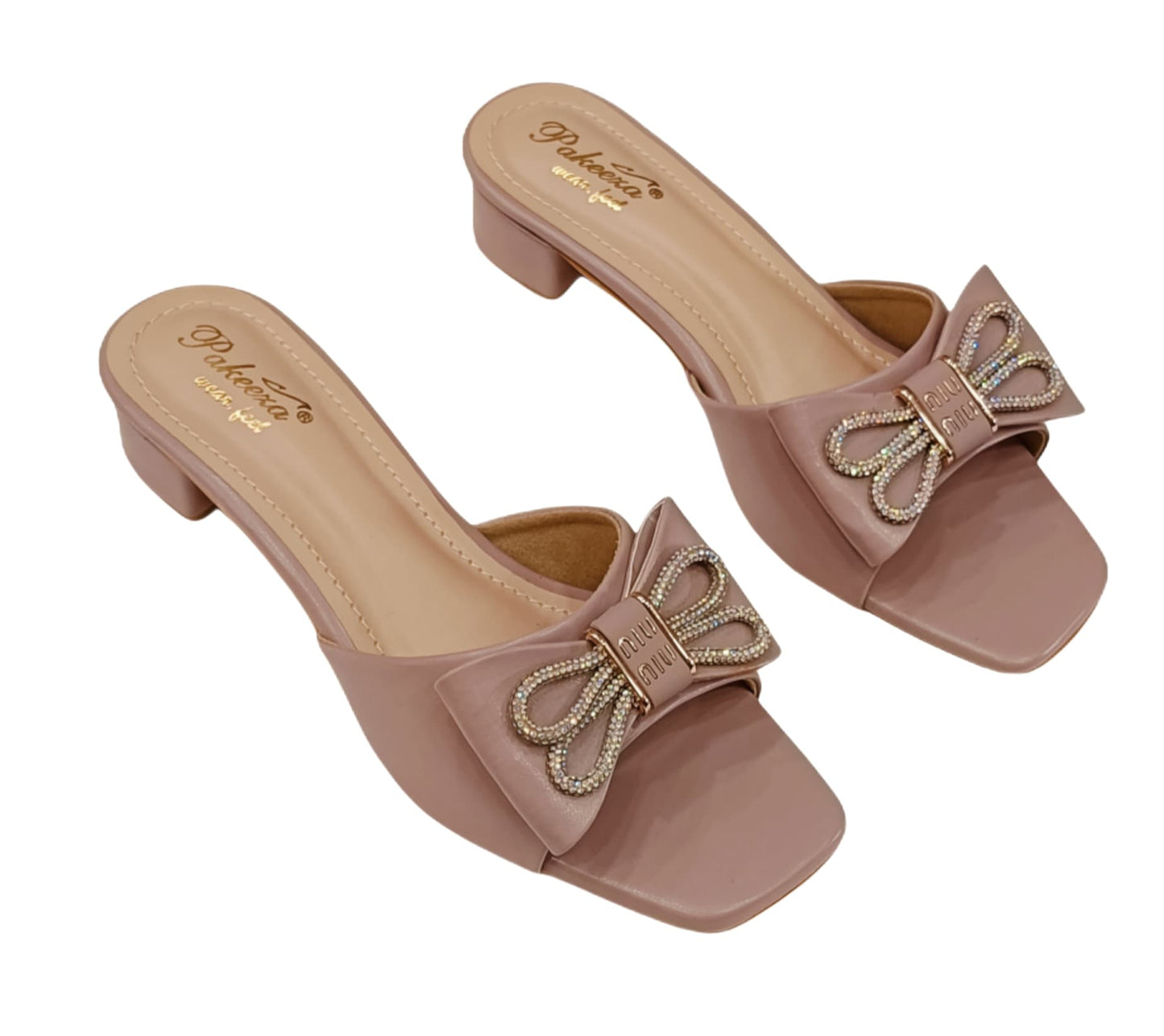 Bow Embellished Low Block Heel Mules – Dusty Pink &amp; Black (Pakeeza LC-186)