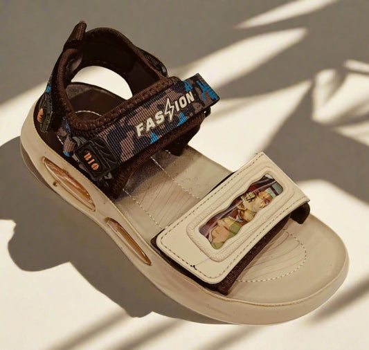 Beige sandal with brown straps and 'Fashion' label on a white background