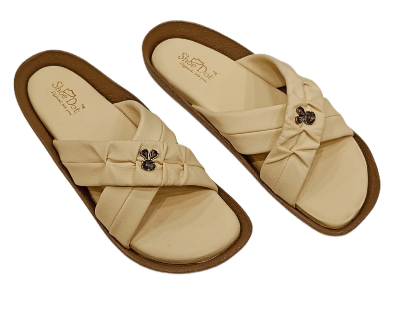 Women’s Elegant Cross-Strap Slides – Soft Cushion Slip-Ons with Bunny Charm Detail (LC-2009)