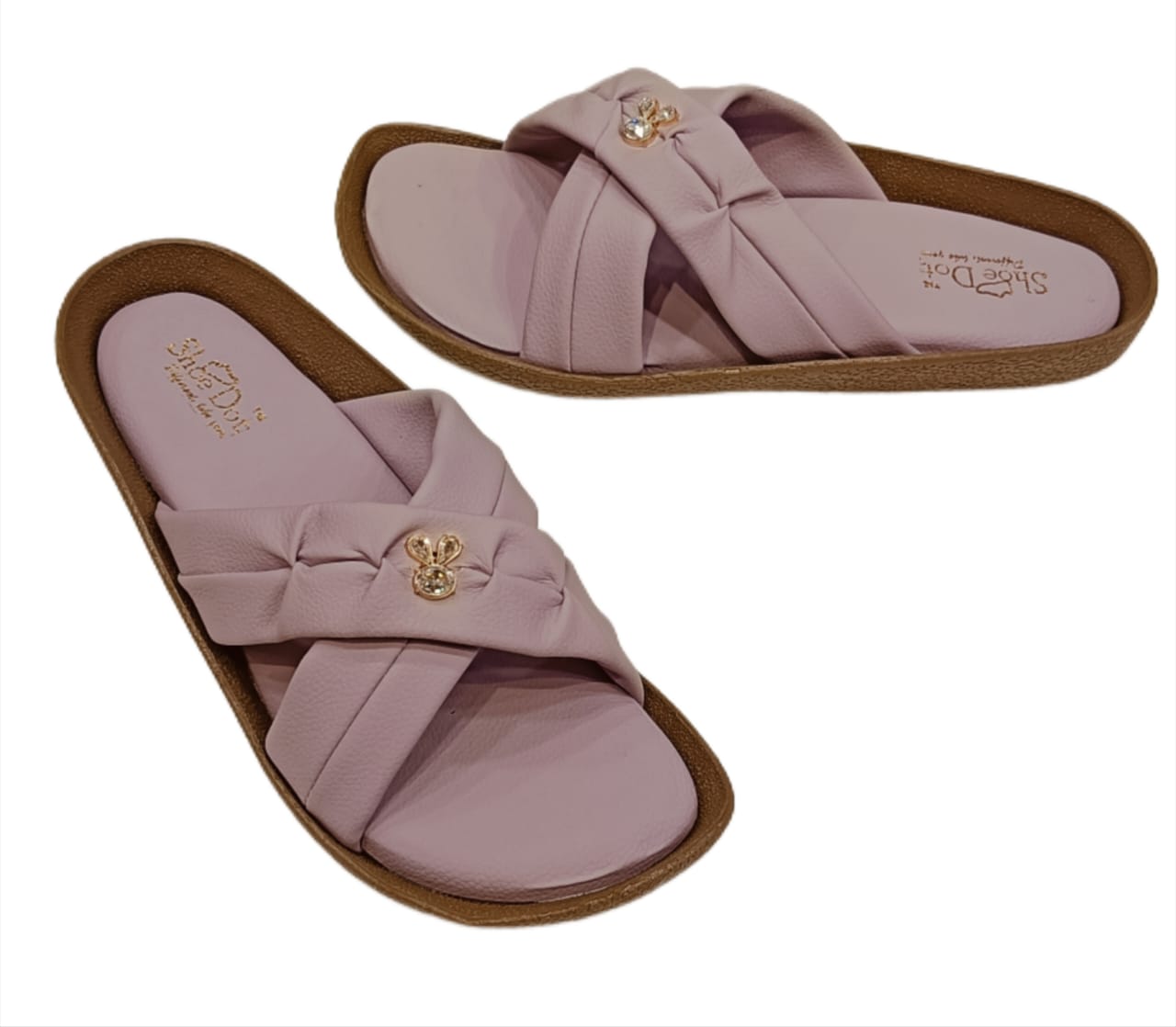 Women’s Elegant Cross-Strap Slides – Soft Cushion Slip-Ons with Bunny Charm Detail (LC-2009)