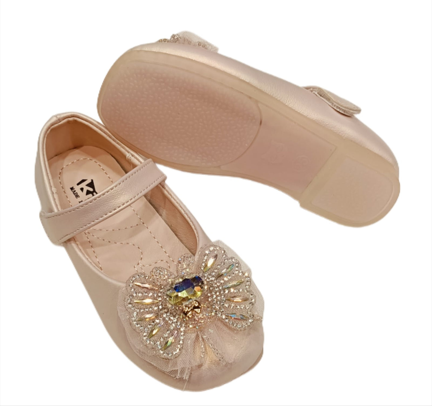 Elegant Party Wear Belly Shoes for Girls with Embellished Butterfly Bow – Soft Sole & Hook Loop Closure (ML-283)