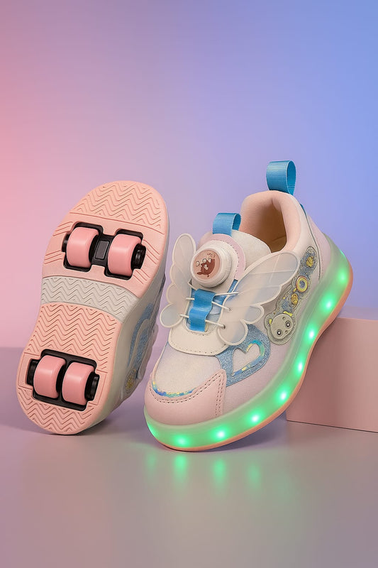 Girls' Butterfly LED Light-Up Shoes with Detachable Roller Wheels – Chargeable Lights with 16 Modes (KS-3752)