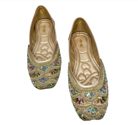 Velvet Multicolor Stone Embroidered Golden Women’s Jutti – Premium Festive & Wedding Wear  (FZ11)