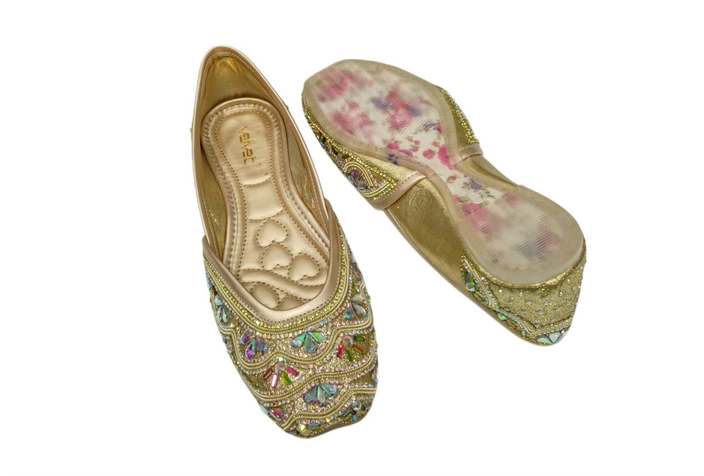 Velvet Multicolor Stone Embroidered Golden Women’s Jutti – Premium Festive & Wedding Wear  (FZ11)