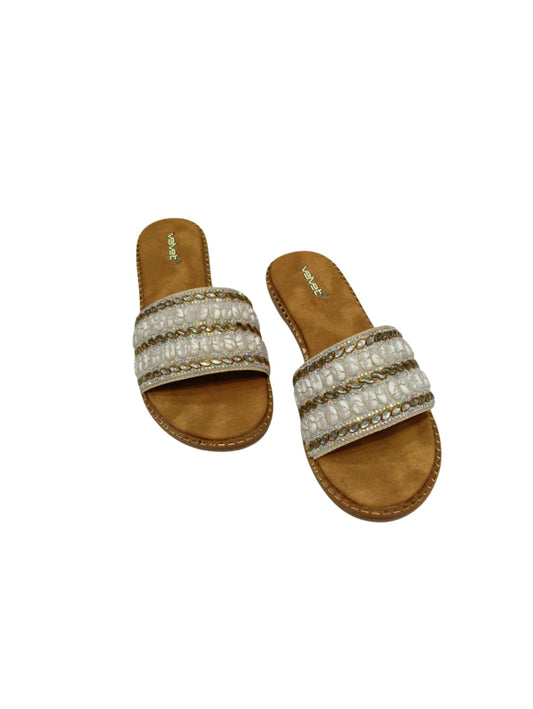 Velvet White Pearl Embellished Ethnic Women’s Flat Slides – Handcrafted Festive Footwear (VT04)