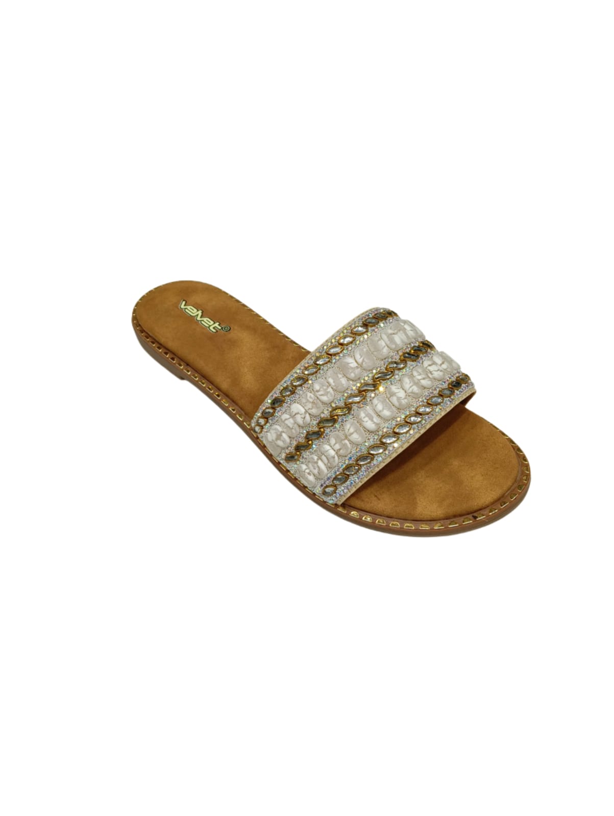 Velvet White Pearl Embellished Ethnic Women’s Flat Slides – Handcrafted Festive Footwear (VT04)