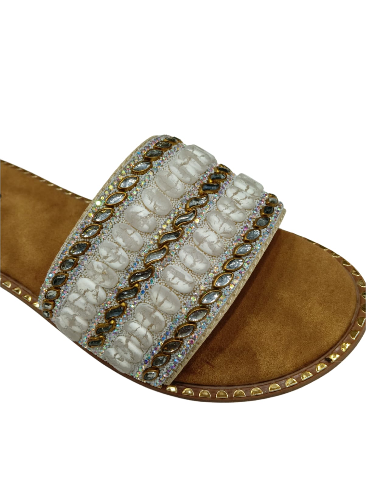 Velvet White Pearl Embellished Ethnic Women’s Flat Slides – Handcrafted Festive Footwear (VT04)