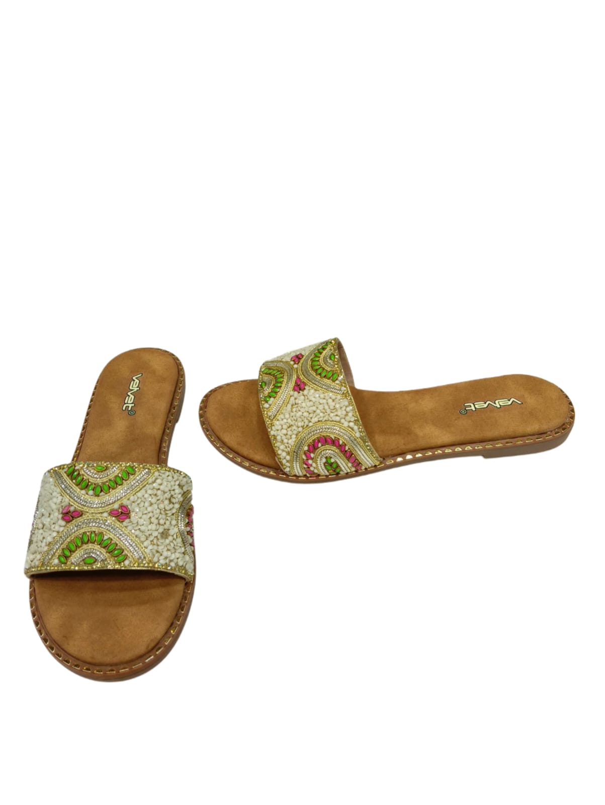 Velvet Women’s Traditional Ethnic Embroidered Flat Slides – Multicolor Beaded Design (VT01)