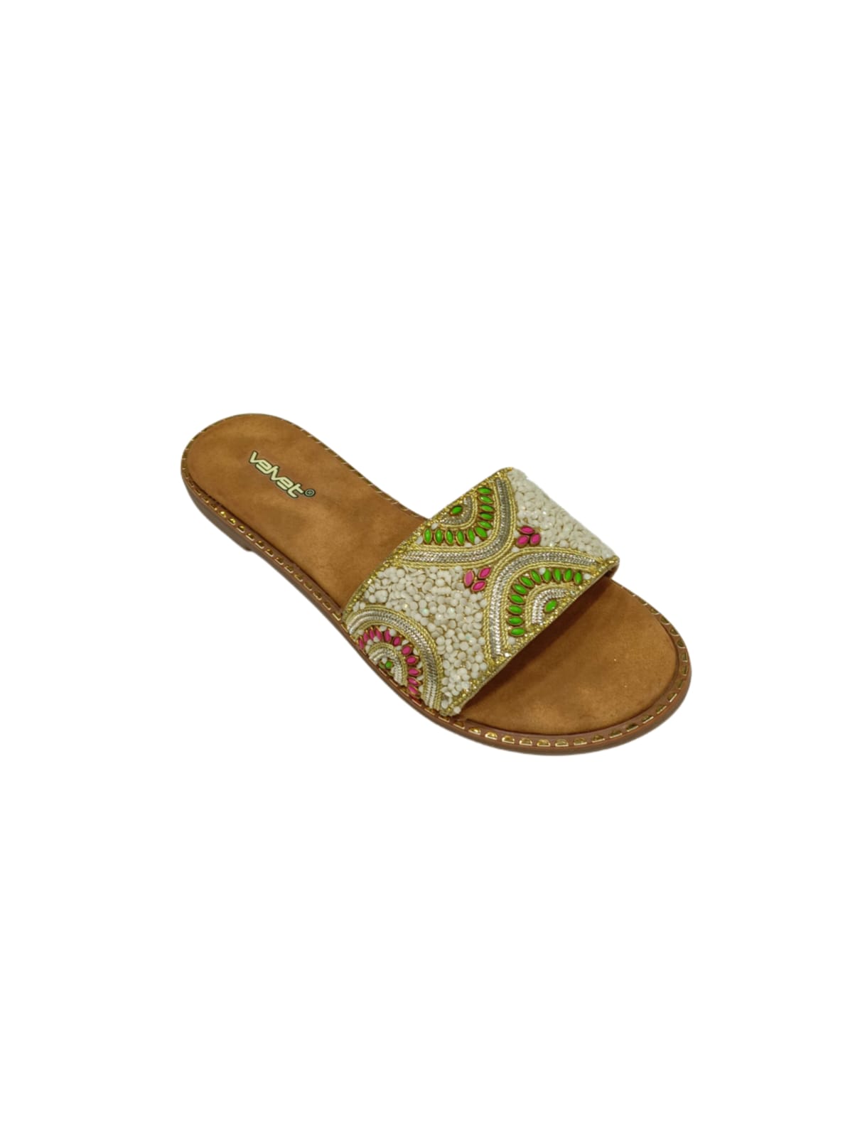 Velvet Women’s Traditional Ethnic Embroidered Flat Slides – Multicolor Beaded Design (VT01)