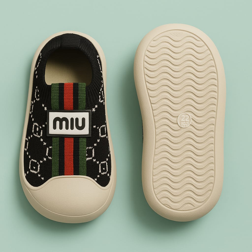 Trendy Black Slip-On Casual Shoes for Boys & Girls – Soft Sole with Designer Print & Stripe Detail (KS-5505)