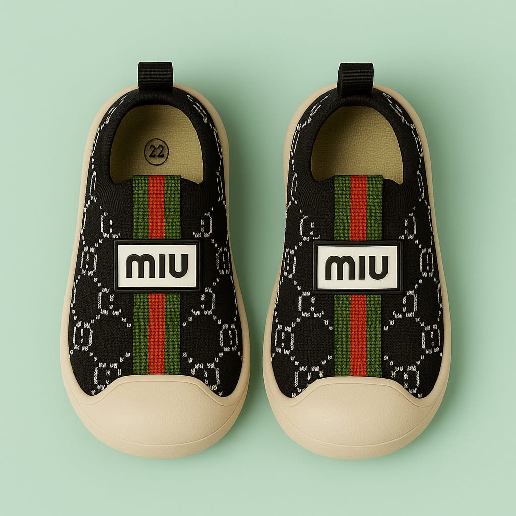 Trendy Black Slip-On Casual Shoes for Boys & Girls – Soft Sole with Designer Print & Stripe Detail (KS-5505)