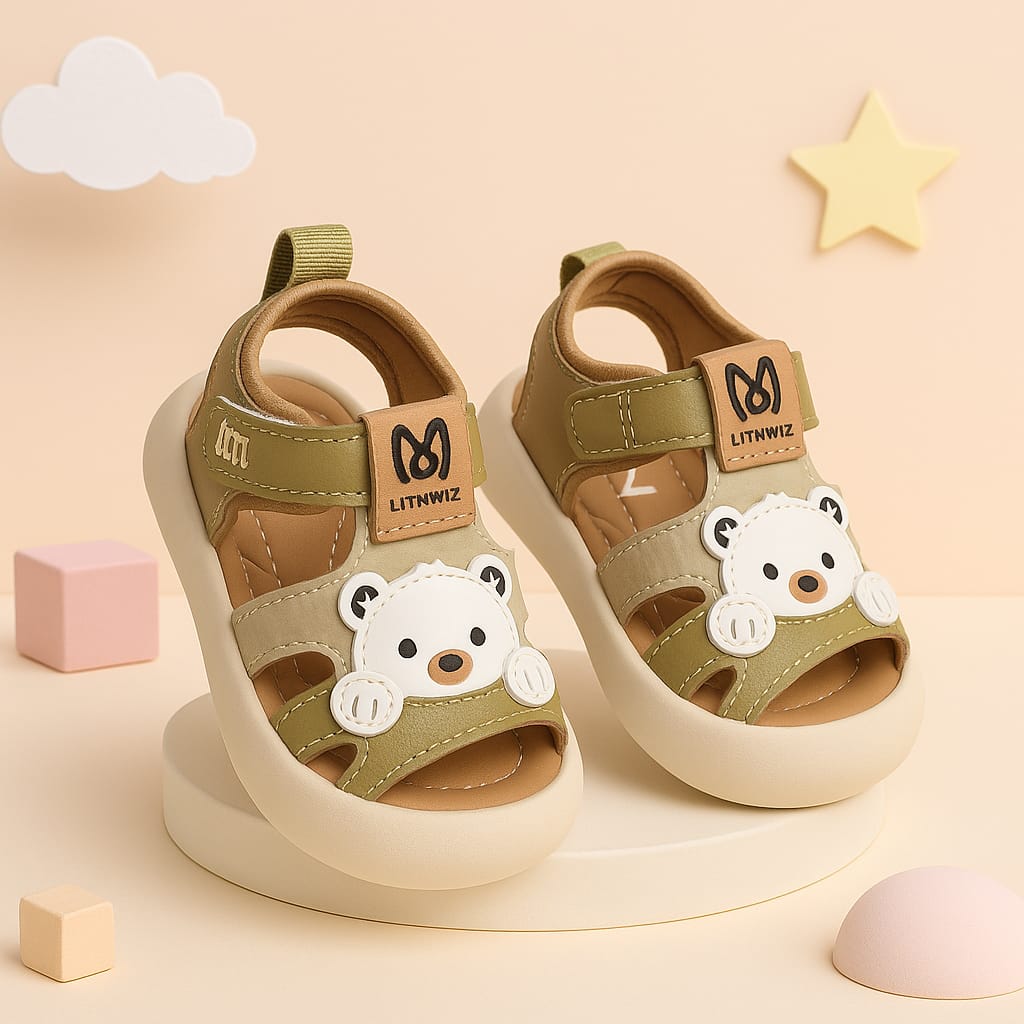 Cute Bear Motif Kids Sandals – Olive & Beige | Soft Comfort Footwear (KS-ML-307)