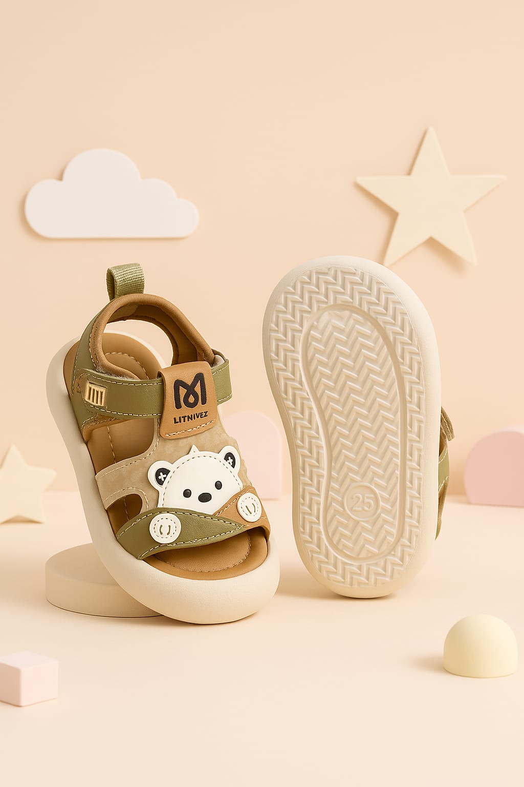 Cute Bear Motif Kids Sandals – Olive & Beige | Soft Comfort Footwear (KS-ML-307)