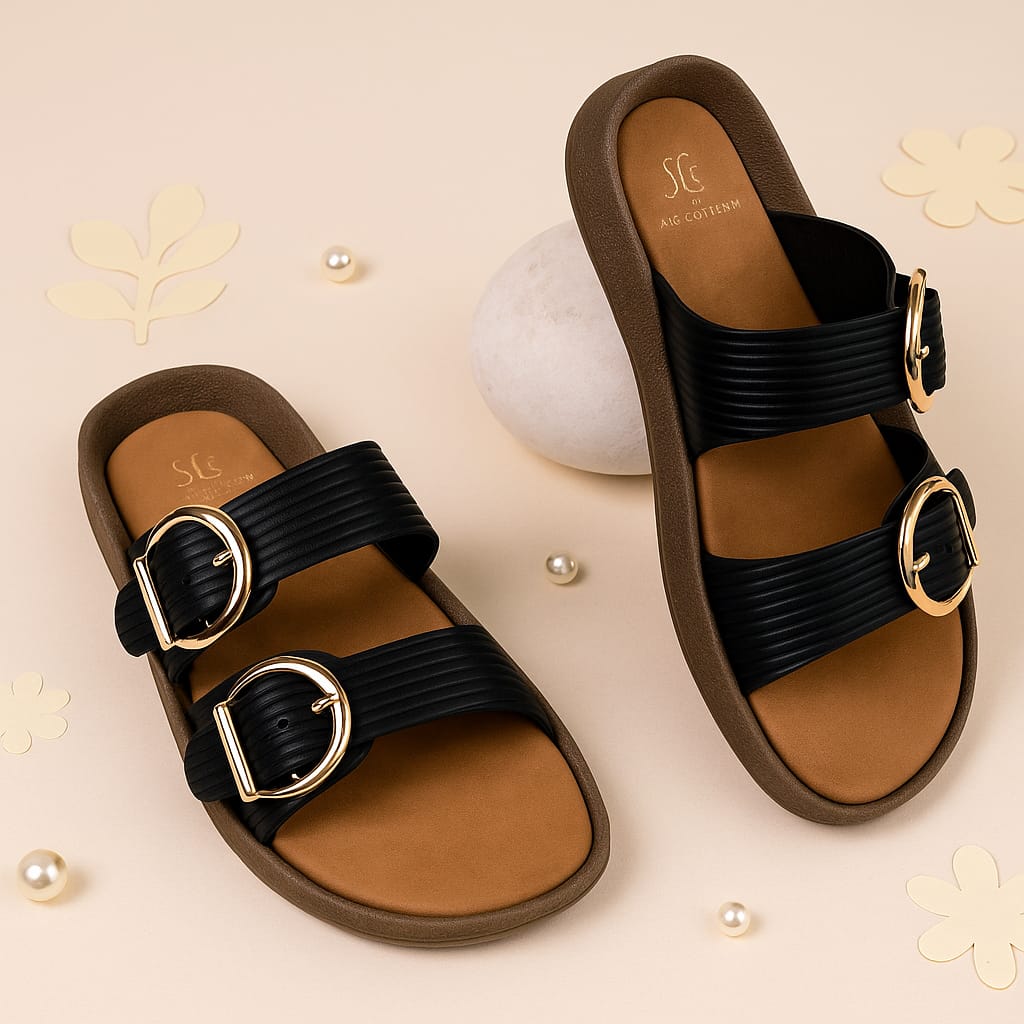 Women’s Double Buckle Comfort Slides – Soft Sole & Chic Design (D1741)