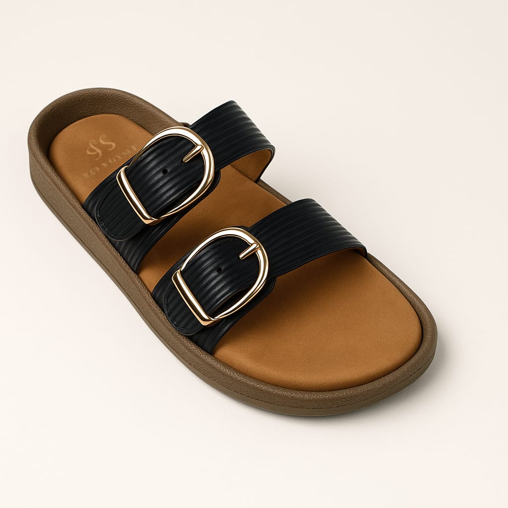 Women’s Double Buckle Comfort Slides – Soft Sole & Chic Design (D1741)