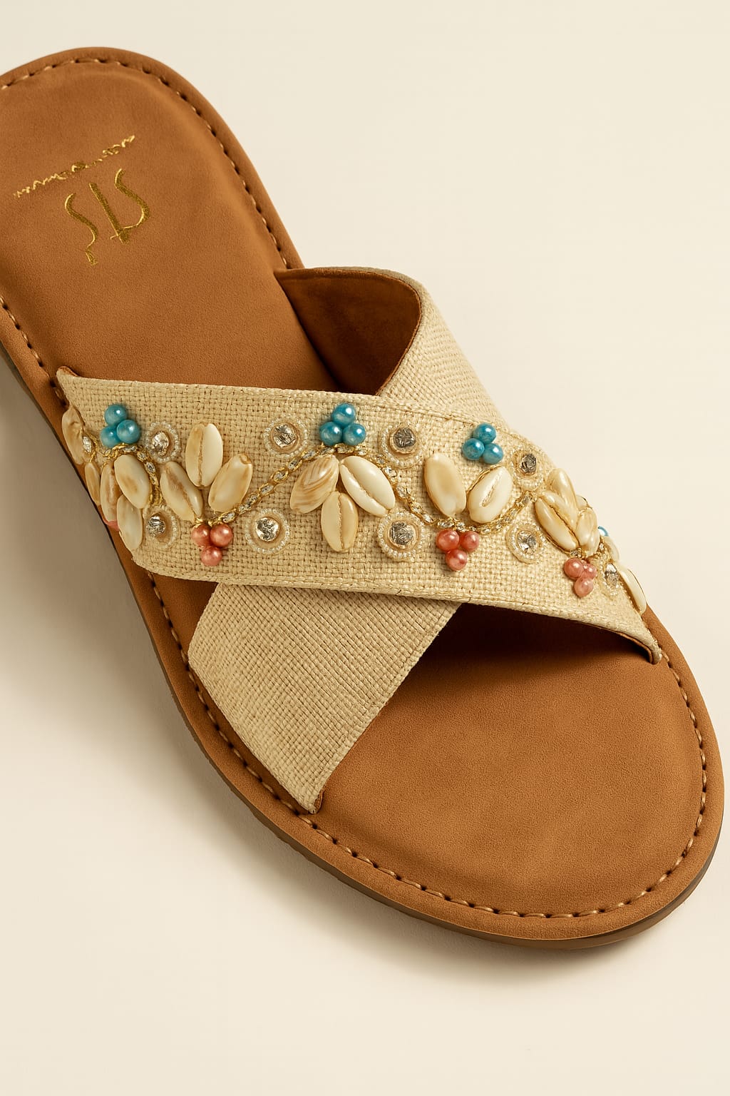 Women’s Embellished Ethnic Flats – Cross Strap Sliders with Shell & Stone Work (D20012)